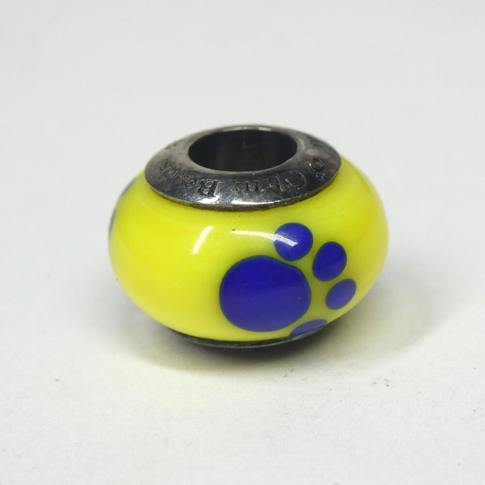 Ohm Glass Bead Blue Yellow Paw Print Dog 925 Sterling Silver Charm